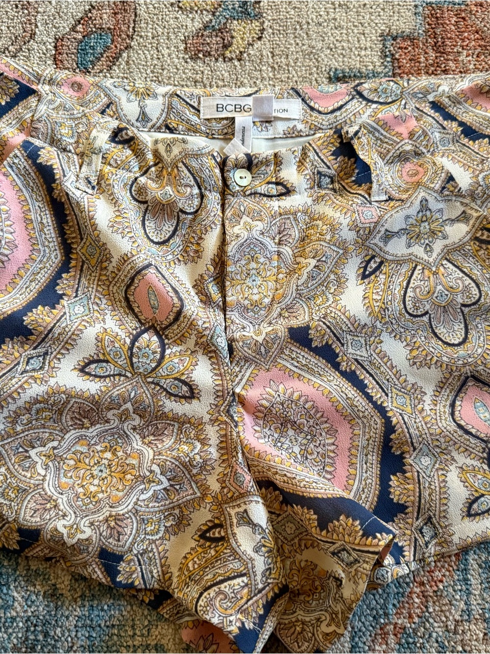 BCBG Paisley Button-Front Blouse in Navy, Pink & Gold